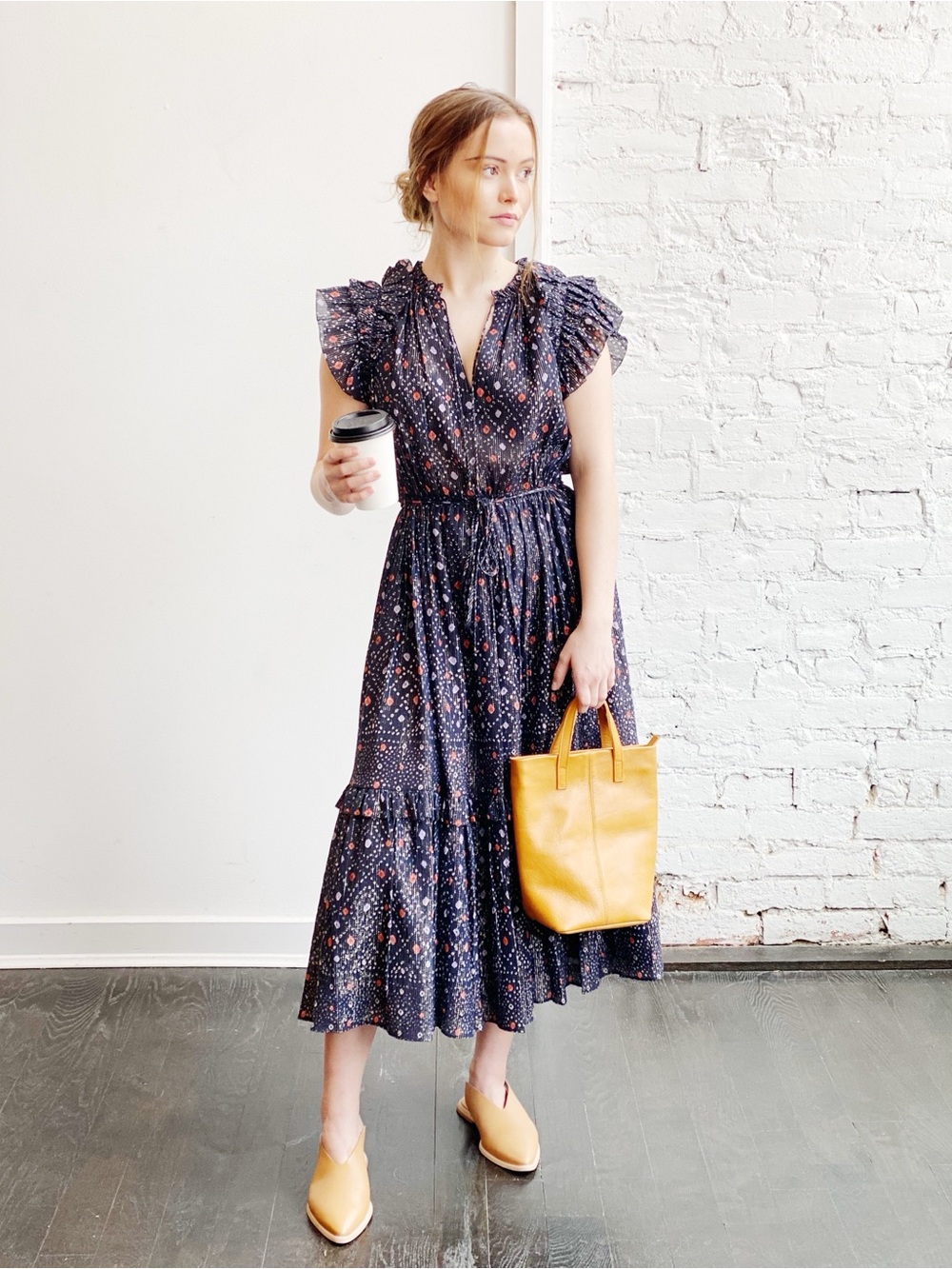 Ulla Johnson Navy Floral Linnea Dress with Ruffle Shoulders